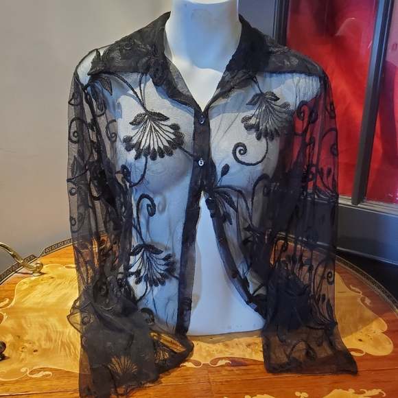 Vintage Tops - Vintage Lace Sheer Button Down Blouse